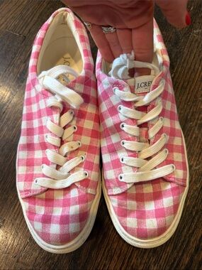 J. Crew Pink and White Gingham Canvas Sneakers